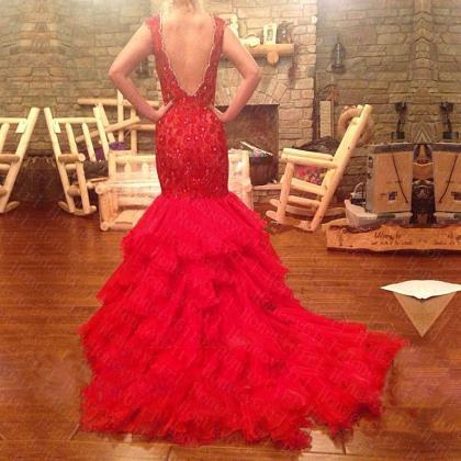 Sexy Red Organza Backless Mermaid Prom Dresses..