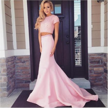 Pink Beaded Satin Two Piece Prom Dresses Featuring..