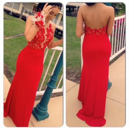 Long Red Lace Appliques Prom Dresse..
