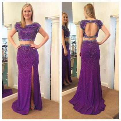 Long Purple Two Piece Prom Dresses Showcases Short..