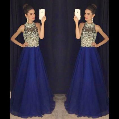 Sparkly Chiffon Royal Blue A Line Prom Gowns, Blue..