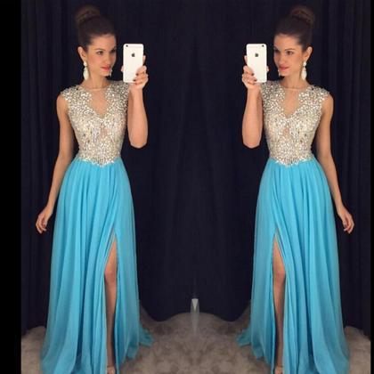 Sexy Chiffon Sky Blue Evening Dresses With Side..