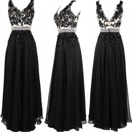 Black Long Chiffon A-line Prom Gown Featuring Lace..