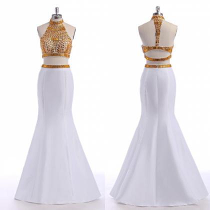 Vintage Satin Halter White Two Piece Prom Dresses..