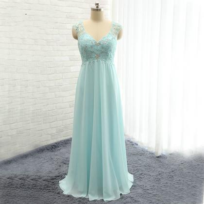 Sexy Chiffon V Neck Light Blue Prom Dresses..