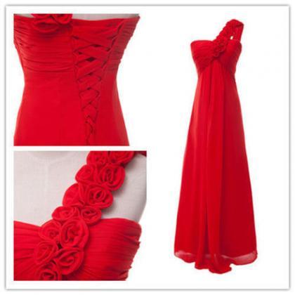 Charming Red Chiffon Floral One Shoulder..