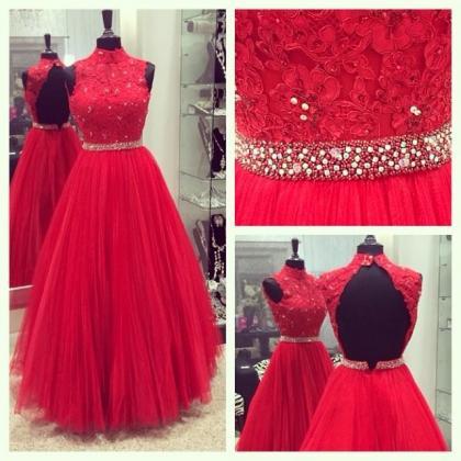 Red Halter Floor-length Tulle Backless Dress -..