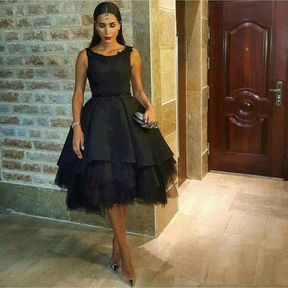 Black Short A-line Evening Dress Featuring Scoop..