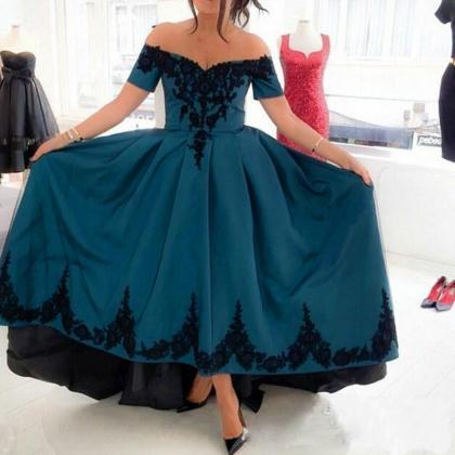 Charming High Low Teal Prom Gowns Satin V Neck..