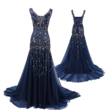 Sexy Navy Blue Tulle Sheath Prom Dresses Featuring..