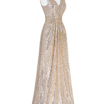 Stunning V Neck Gold Sequined Bridesmaid..