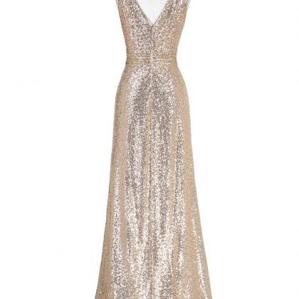 Stunning V Neck Gold Sequined Bridesmaid..