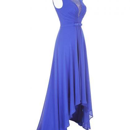 Sheer Neck Blue Bridesmaid Dresses,sexy High Low..