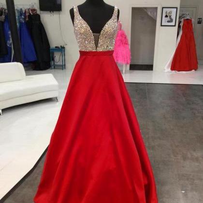 Sexy Red Prom Dresses Featuring Deep V Neckline..