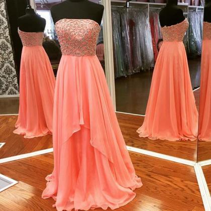 Long Beaded Coral Prom Dresses Featuring..