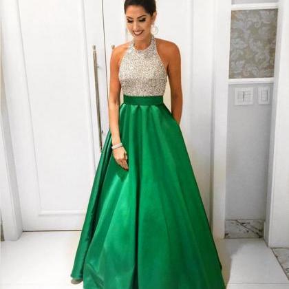 Long Beaded Green Prom Dresses Featuring Halter..