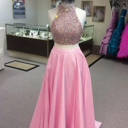 Sexy 2 Piece Prom Dress Pink Satin Formal Dresses..
