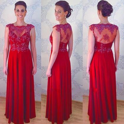 Red Chiffon Prom Dresses Featuring Sheer Neck And..