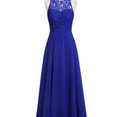Stunning Sheer Neck Royal Blue Chiffon Bridesmaid Dresses,Elegant Long Lace Formal Dresses, Wedding Party dresses, New Arrival Evening Gowns