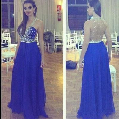 Sexy Long Royal Blue Backless Prom Dresses Chiffon Plunge V Neckline Beaded Evening Gowns 