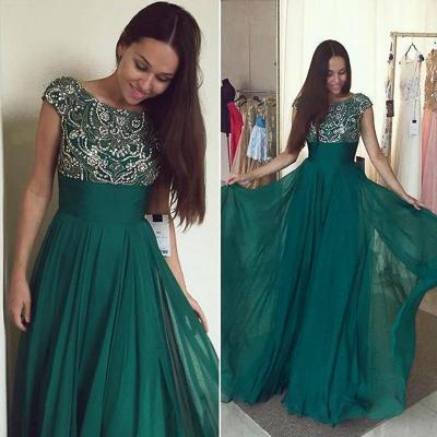 Sexy Teal Prom Dresses Featuring Rhinestones Beaded Bodice With Sheer Bateau Neckline Floor Length Chiffon Formal Dresses