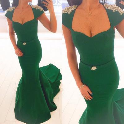Charming Satin Green Mermaid Prom Gowns, Green Cap Sleeve Prom Dresses,Mermaid Prom Dress 2016