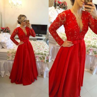 Sexy Women Beaded Formal Dresses Red Satin Evening Party Gonws With Plunge V Neckline And Long Sleeve