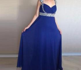 Chiffon Wrap-Front Beaded Long Sleeve Formal Dress Dusty Blue main image 1