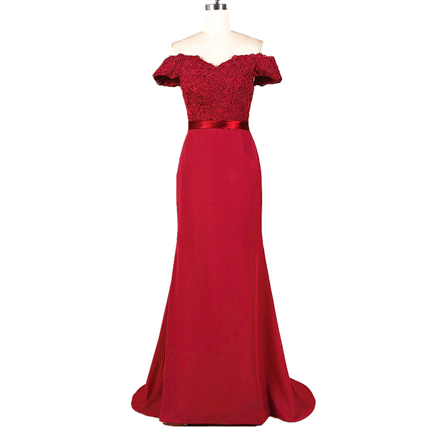 Burgundy Off-the-shoulder Mermaid Long Prom Dress, Evening Dress Featuring Lace Appliqués