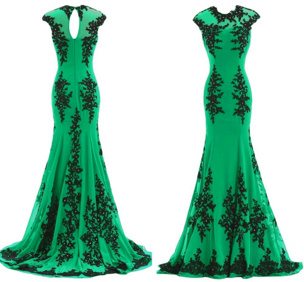 Charming Mermaid Formal Dresses Green Lace Applique Evening Party Gonws With Sheer Neck