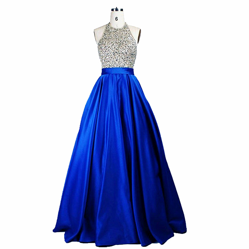 Royal Blue Prom Dresses Beaded Satin Evening Party Formal Gonws With Halter Neckline