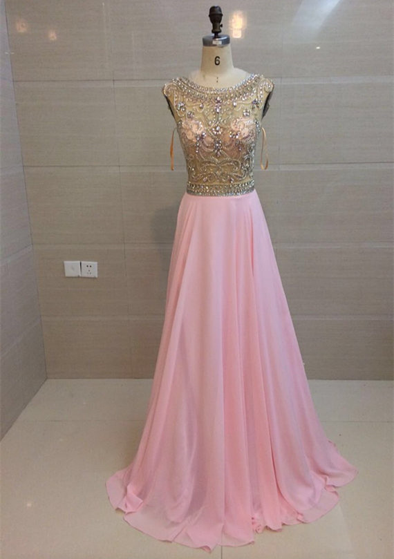 Elegant Pink Prom Dresses Long Beaded Chiffon Evening Party Formal Gonws With Sheer Neckline