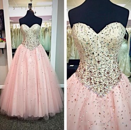 Sparkly Pink Prom Dresses Long Tulle Beaded Evening Party Formal Gonws With Sweetheart Neckline