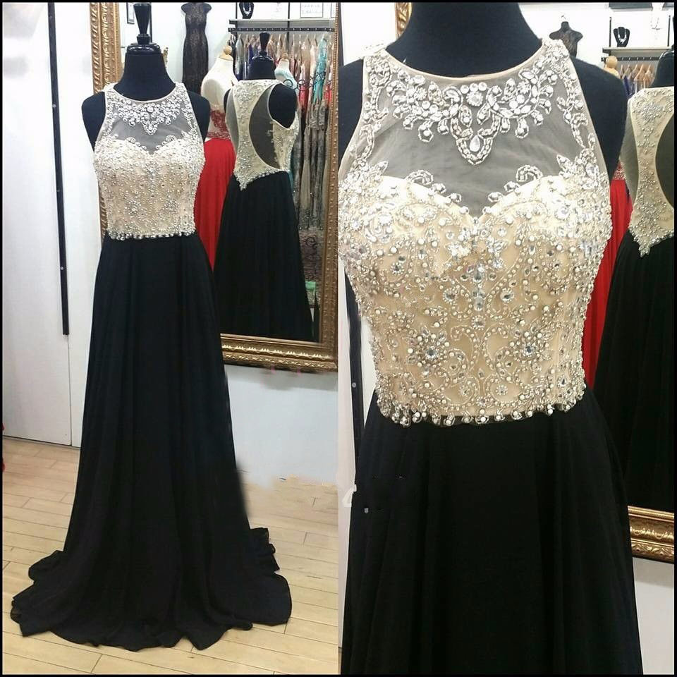 Sexy Black Prom Dresses Long Chiffon Beaded Evening Party Formal Gonws With Sheer Neckline