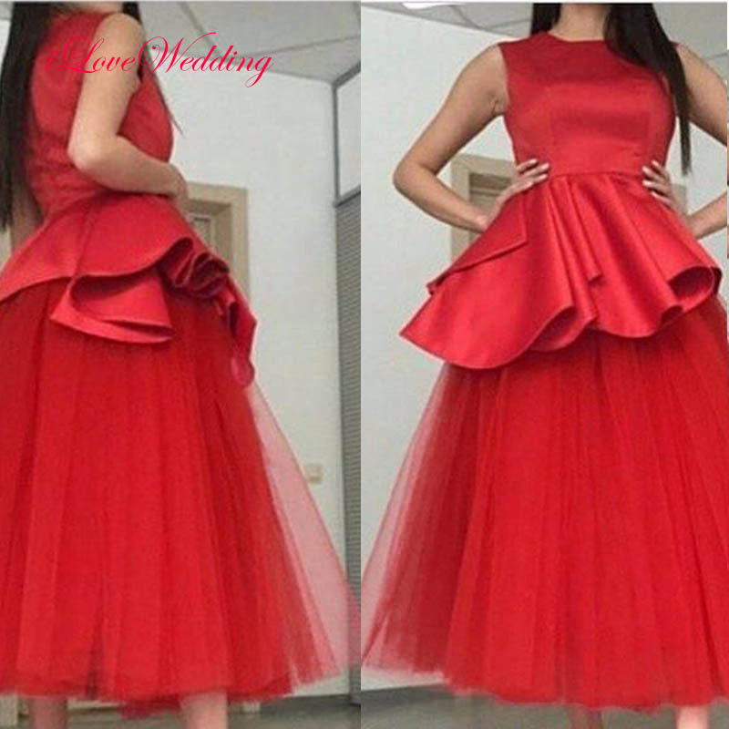 Red Tea Length Prom Dresses Long Satin Tulle Evening Party Formal Gonws With Scoop Neckline