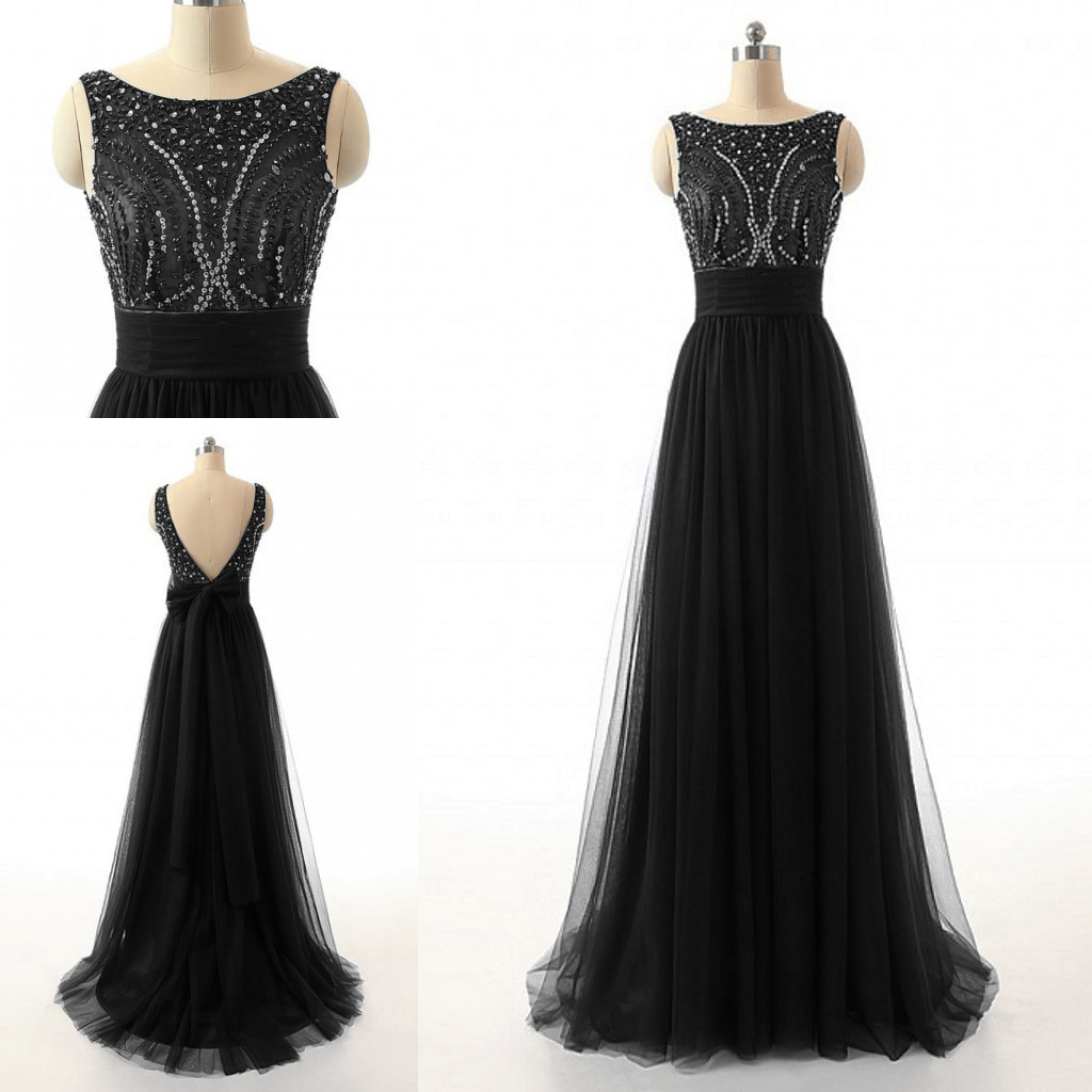 Sexy Long Black Prom Dresses Showcases Beaded Rhinestones Bodice And Open Back Floor Length Tulle Formal Dresses