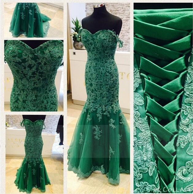 Fashion Long Green Prom Dresses Showcases Lace Applique Bodice And Off The Shoulder Floor Length Tulle Mermaid Formal Dresses