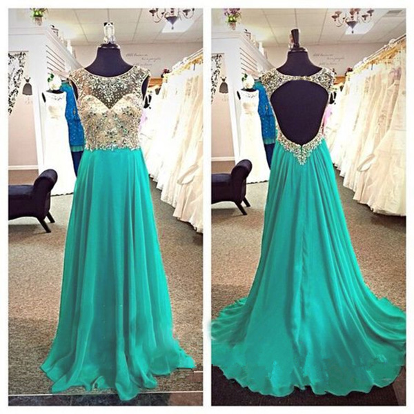 Sexy Long Turquoise Prom Dresses With Open Back And Beaded Bodice Floor Length Chiffon Formal Dresses