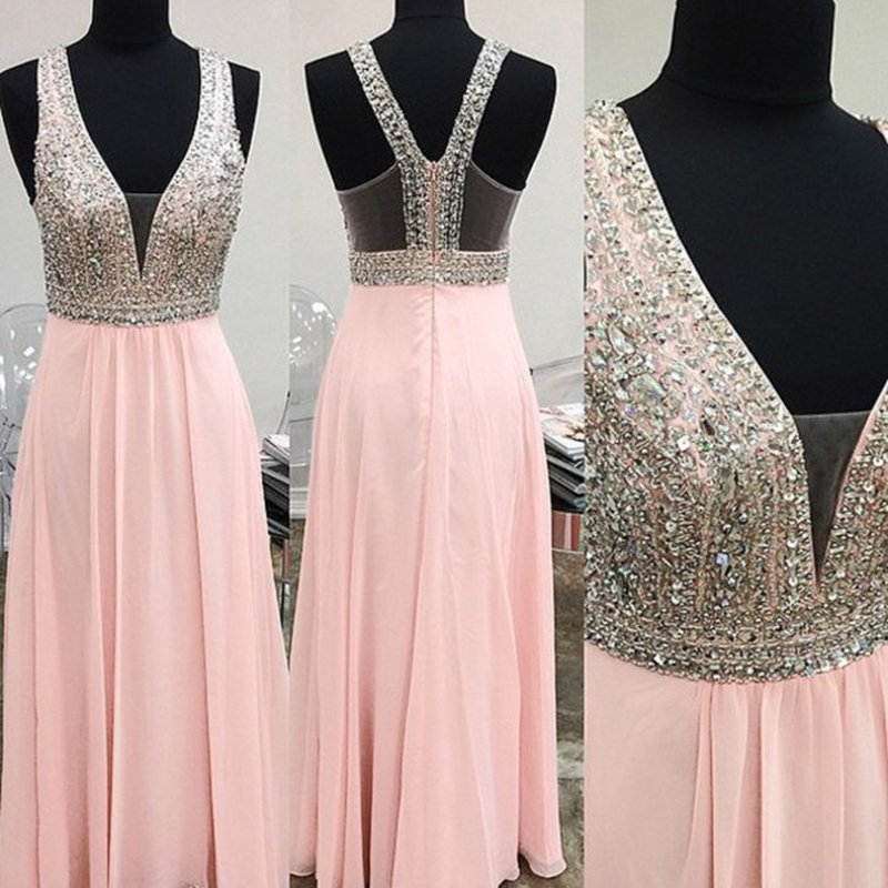 Sexy Long Pink Prom Dresses With Deep V Neck And Beaded Bodice Floor Length Chiffon Formal Dresses