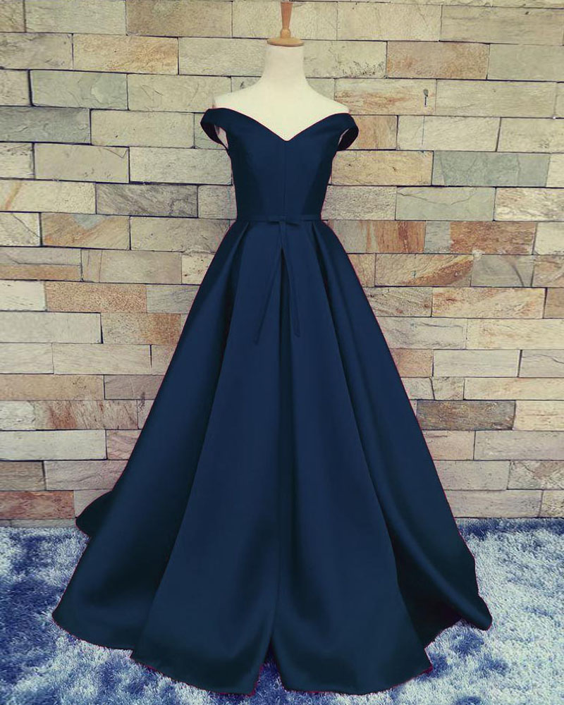 Brilliant Satin Navy Blue A Line Prom Gowns, Navy Blue Prom Dresses With Off The Shoulder,a Line Prom Dress 2017