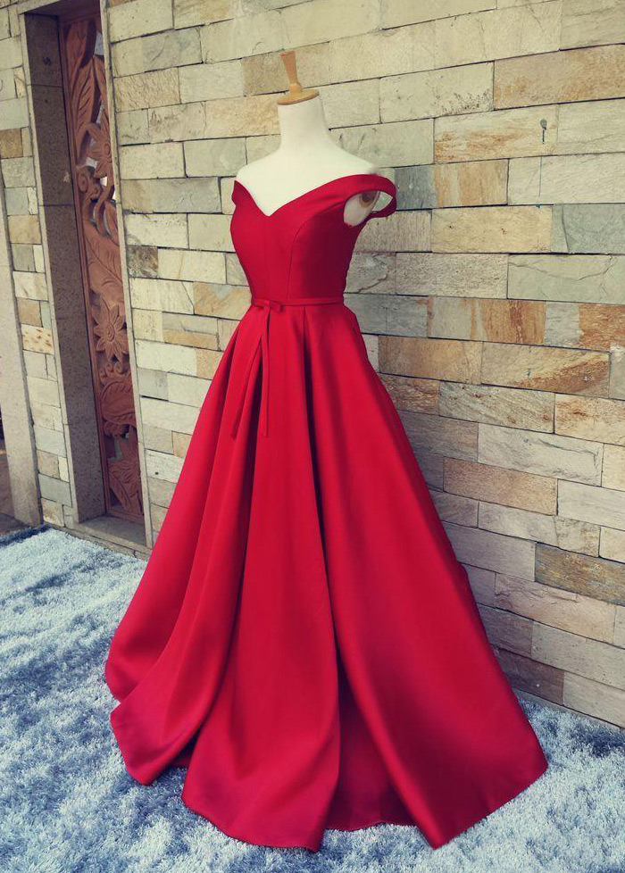 Brilliant Satin Red A Line Prom Gowns, Red Prom Dresses With Off The Shoulder,a Line Prom Dress 2017