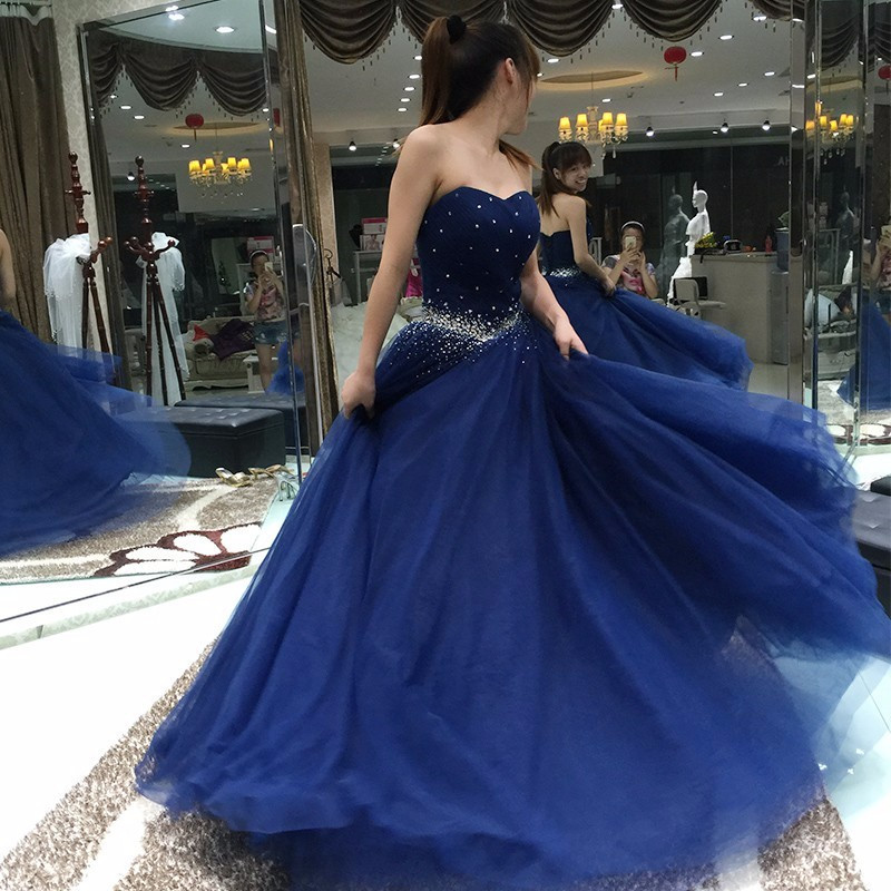 Charming Navy Blue Floor Length Tulle Prom Dresses Featuring Beaded Bodice And Lace-up Back,long Elegant Evening Formal Gowns