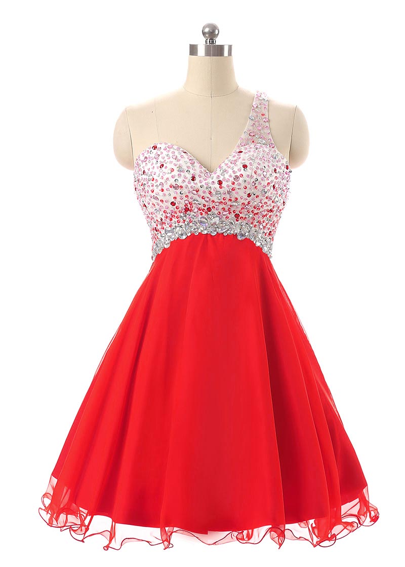 Sparkly Red Homecoming Dresses,short Prom Dresses,one Shoulder Beaded Chiffon Mini Graduation Dresses