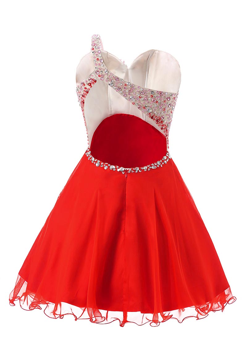 Sparkly Red Homecoming Dresses,Short Prom Dresses,One Shoulder Beaded Chiffon Mini Graduation Dresses