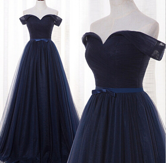 Navy Blue Tulle A Line Formal Dresses Featuring Ruched Skirt And V Neckline - Prom Dresses,party Dress