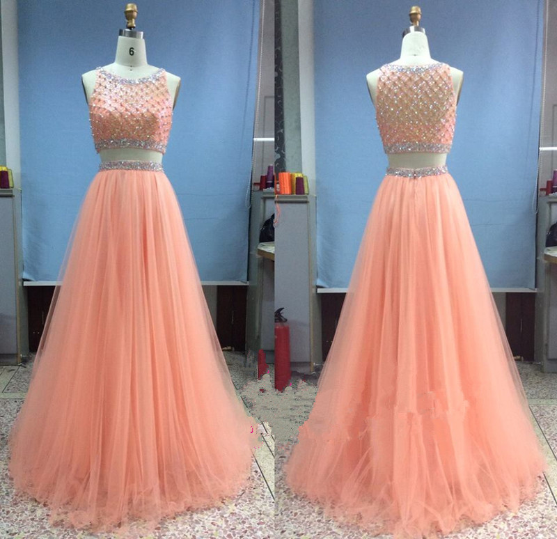 Stunning Coral Tulle Prom Dresses,two Piece Prom Dress,long Scoop Neckline Evening Dresses, Coral Bridesmaid Dresses