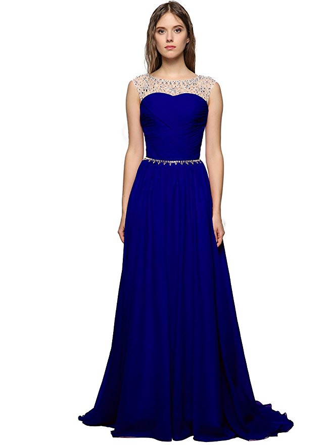 Sexy Royal Blue Prom Dresses Featuring Rhinestones Beaded Bodice With Sheer Bateau Neckline Floor Length Chiffon Formal Dresses