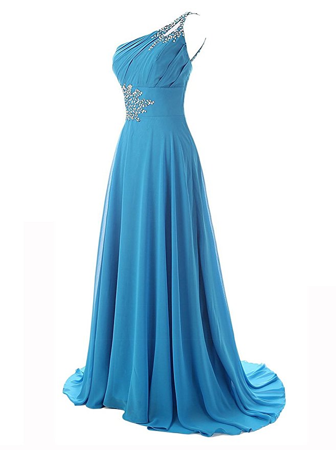 Sexy One Shoulder Beaded Chiffon Formal Dresses,long Elegant Sky Blue Prom Dresses,