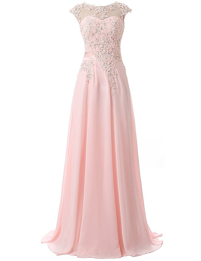 Sexy Beaded Pink Chiffon Formal Dresses,long Elegant Prom Dresses With Sheer Neck,