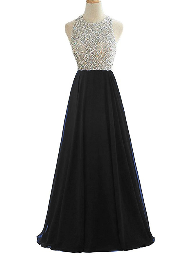 Long Beaded Rhinestone Black Prom Dresses Featuring Scoop Neckline Long Chiffon A Line Backless Evening Gowns